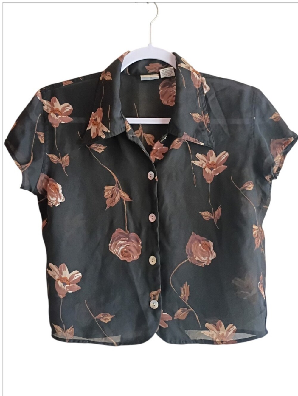 COUNTY SEAT Women's Top Blouse Floral Button Down Black Brown Sheet SMALL